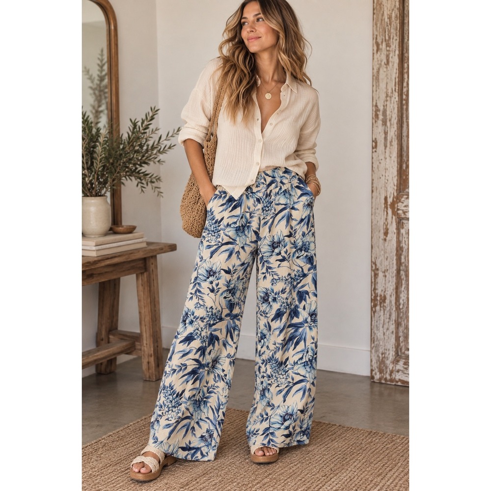 Jules & Leopold Blue Floral Wide Leg Lyocell Pants High Rise Pockets